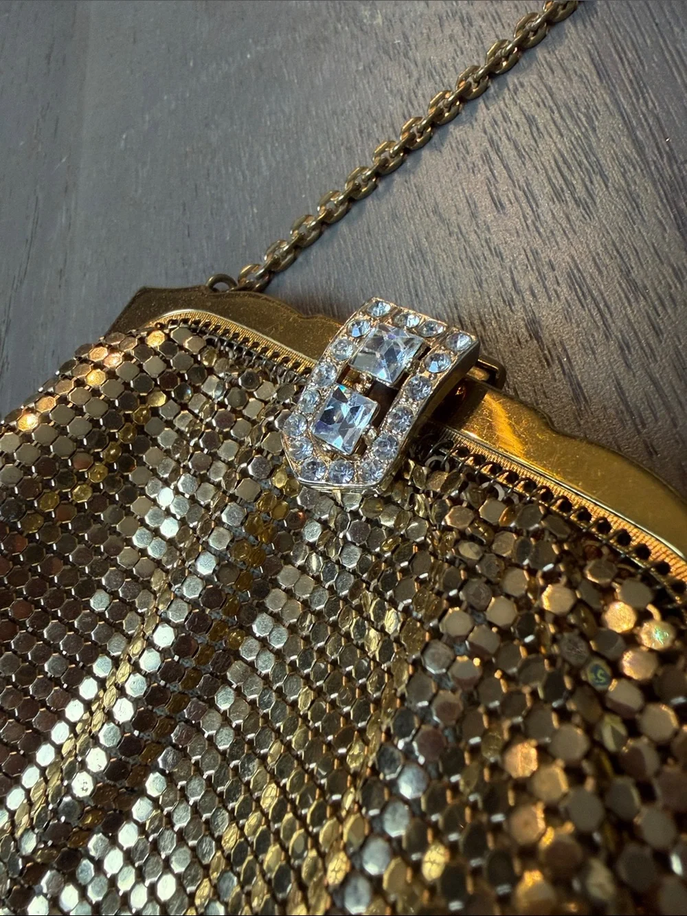 Whiting & Davis Vintage Gold Mesh Evening Clutch with Rhinestone Clasp